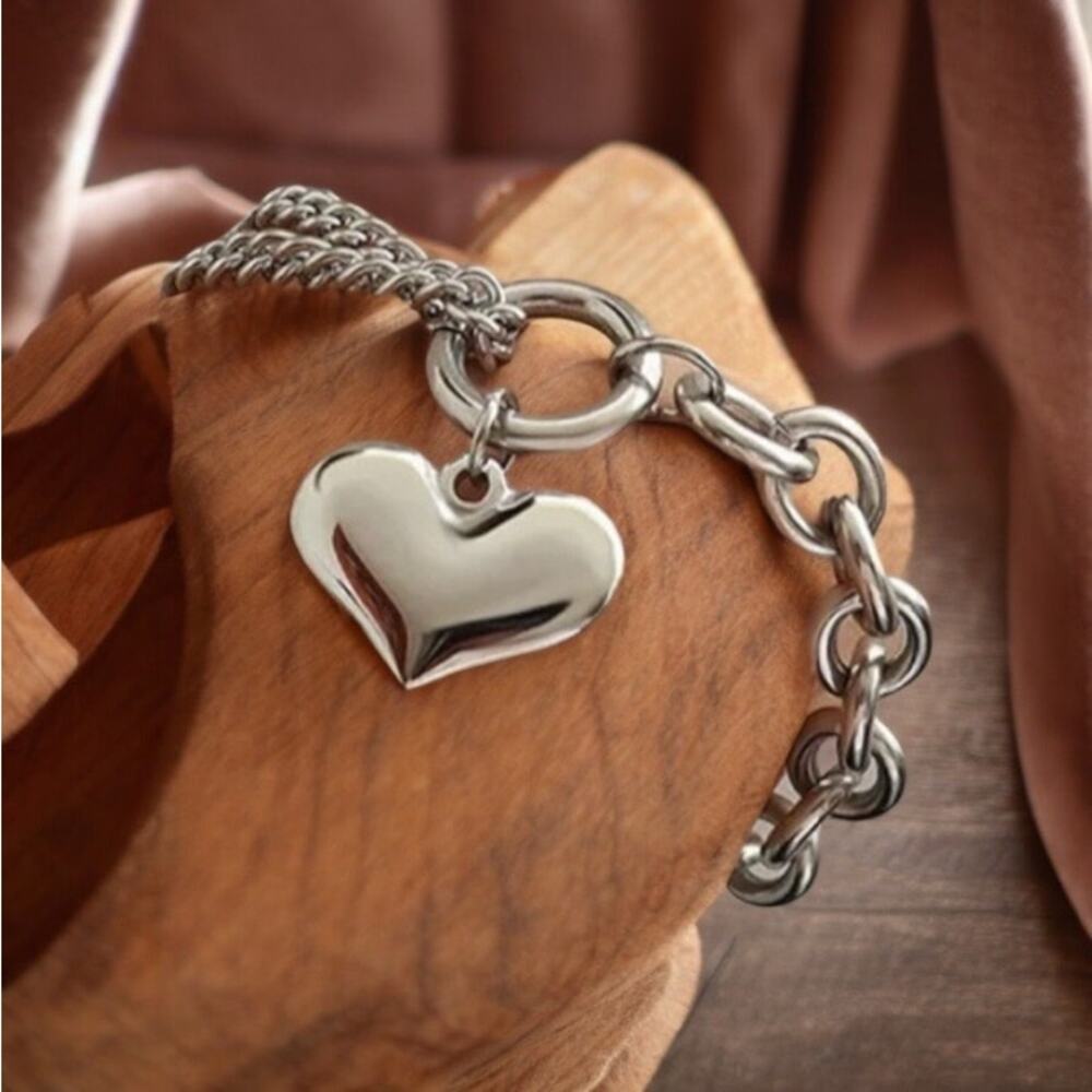 NEW 18K White gold plated heart double chain charm bracelet jewelry gift B21 - Picture 3 of 3